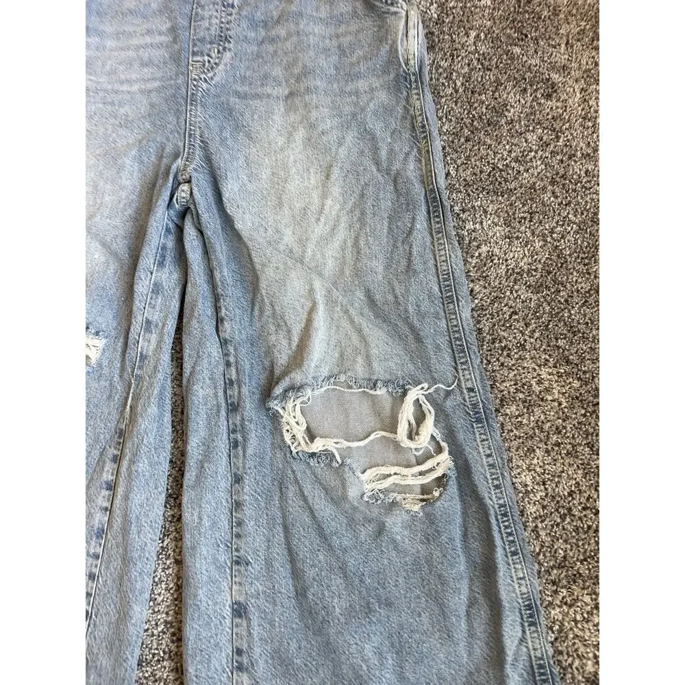 Free People Light Blue Distressed Denim Overalls